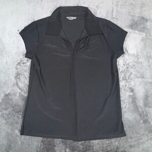 Rachel Rachel‎ Black Short Sleeve V-Neck Collared Top Medium Made in USA 21816